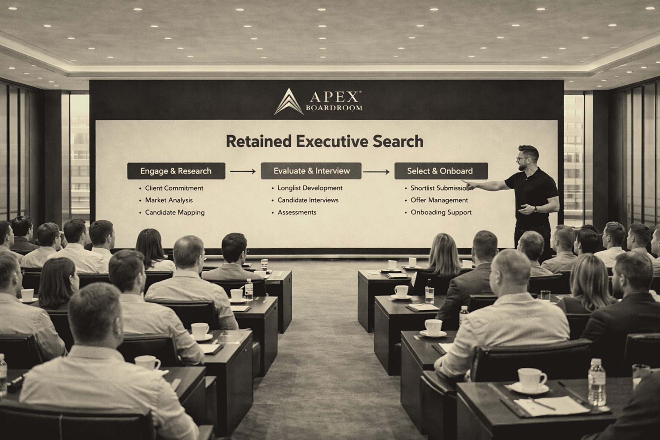 Andy Whitehead leading the Apex Boardroom, retained executive search for recruitment firm owners